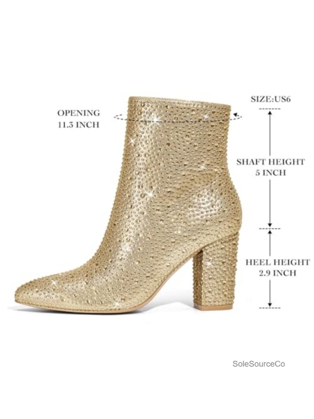Rhinestone Ankle Booties Pointed Toe Block Heel Side Zip Sparkly Party - Picture 3 of 6